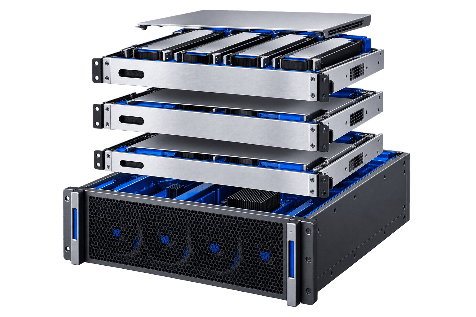Concept illustration of a silver server chassis with stacked cobalt-accented compute trays