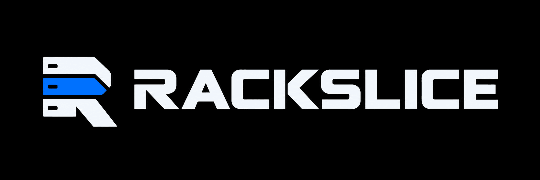 RACKSLICE — silver rack-blade symbol with a cobalt slice